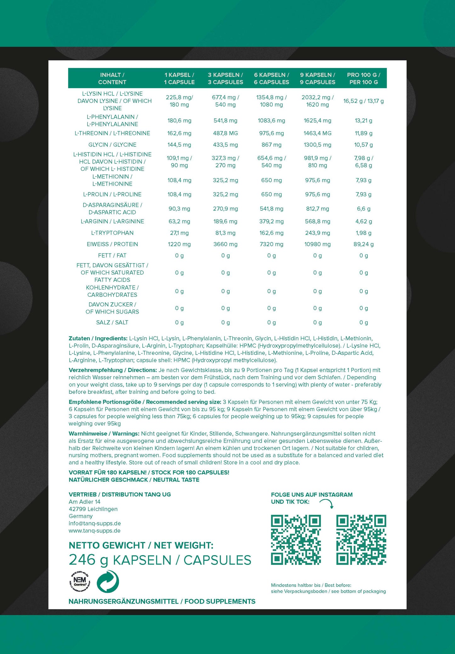 EAA+ TANQ® CAPS - Essenzielle Aminosäuren Plus - 180 Caps