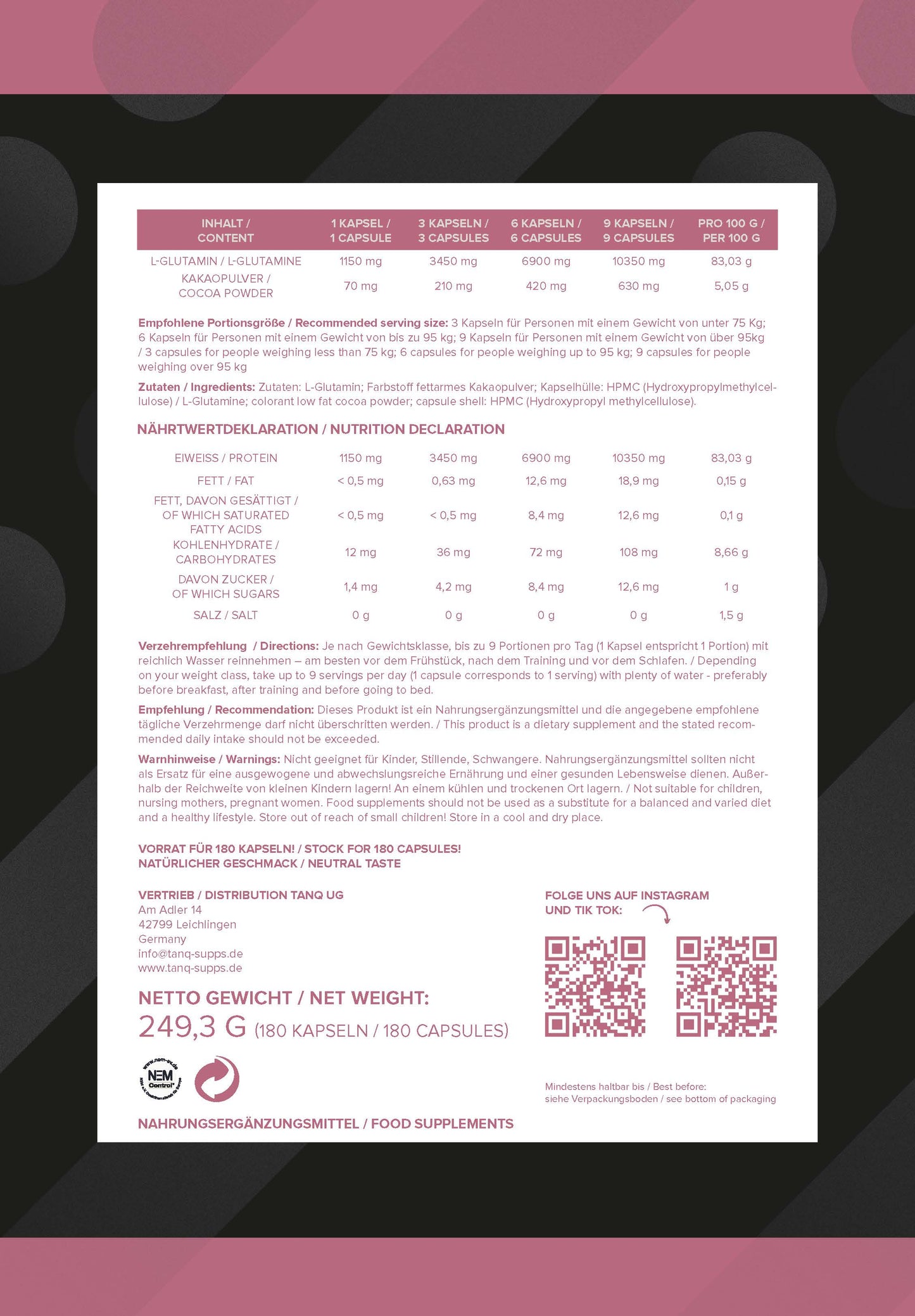 L-GLutamin TANQ® CAPS - Aminosäure - 180 Caps